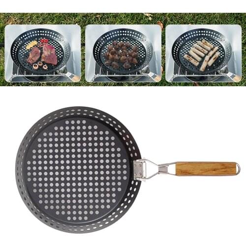 Stainless Steel Grill Tray Round Grill Basket with Large Holes, Grill Pan, Black, Great Skillet for Meat, Fish and Vegetable