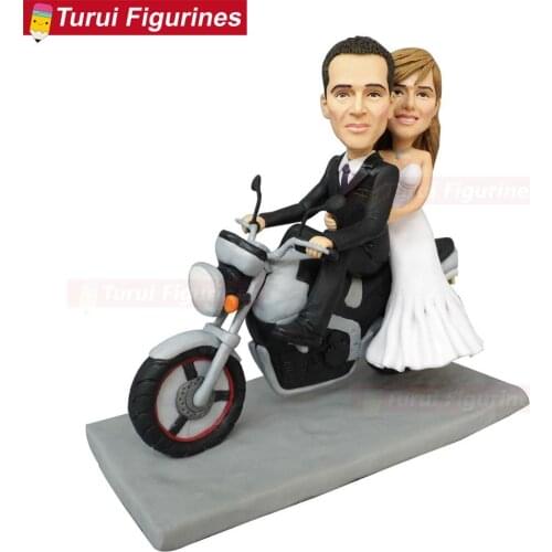 Custom wedding cake topper with car mini motorbike handmade personalized doll figurines motorcycle cake toppers for wedding cake