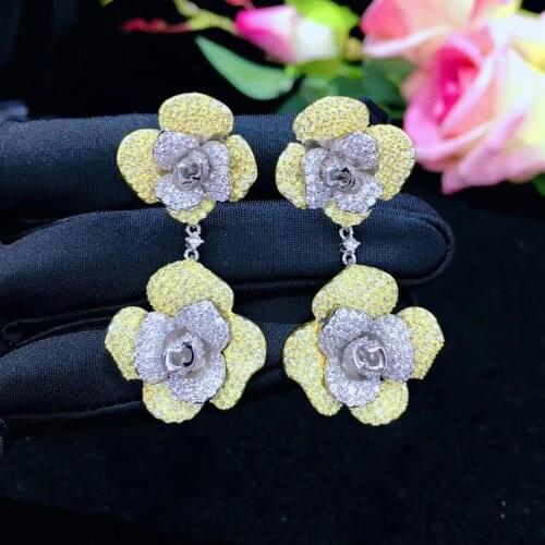 Rose flower drop earring yellow color 925 sterling silver with cubic zircon romantic fine women jewelry free shipping