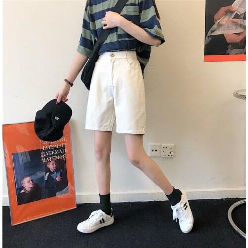 Summer High Waist Denim Shorts Women Casual Loose Ladies Fashion Roll Up Hem Knee Length Pocket Black White Jeans Female