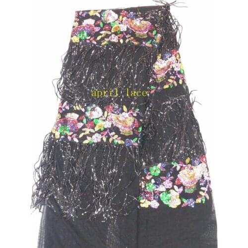 Stock 5yards/bag BHCC01# Black fringe embroidery sequins color embroidery fabric used in wedding dress design