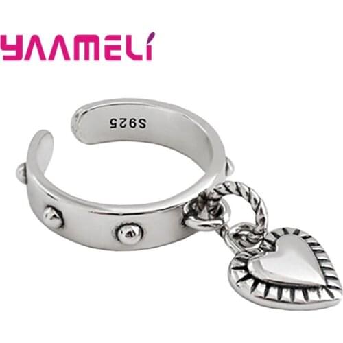 Vintage Minimalist Female Punk Jewelry Open Rings For Women Girl Cute Heart Pendant 925 Sterling Silver Adjustable Ring Gift