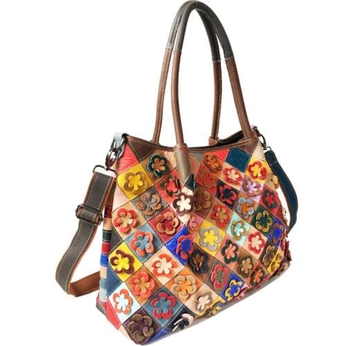 New Retro Leather Female Bag Shoulder Bag Messenger Bag Casual Bag Flower Stitching Shopping Bag Large Capacity Bags for Women