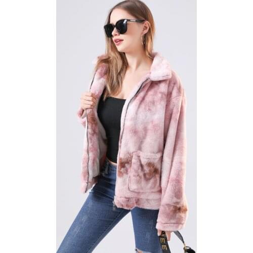 IMCUTE Plush tie-dye jacket Y2K winter womens sweet warm long-sleeved fur jacket fashion lapel zipper cardigan quilted jacket