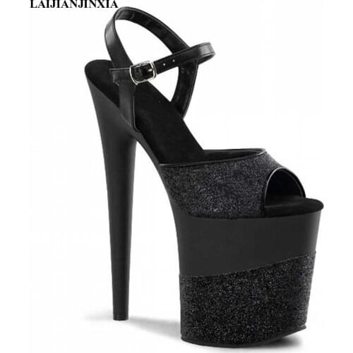 LAIJIANJINXIA Sexy bride Roman 20cm high heels sandals, black paint on the shiny decorative clubhouse dancing shoes E-154