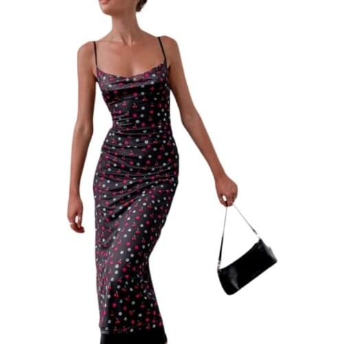 Womens Bodycon Midi Dress Sleeveless Spaghetti Strap Floral Cherry Print Long Dress