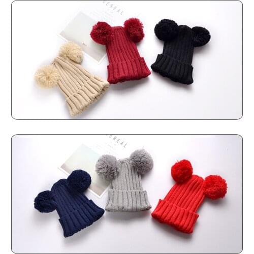 Winter Knitted Kids Hat Cute Solid Beanie With Two Pompoms Ball Children Caps For Girls Boys Warm Soft CAP