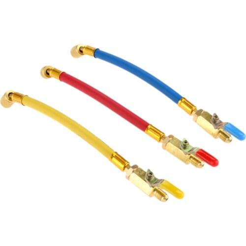 3Pcs 9.8" R134A R410A Refrigerant AC Charging Hoses 45 degrees angled connector and Manual Shut-off Valve 1/4" male and female