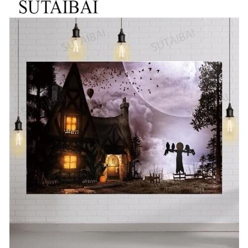 Halloween Photocall Backdrop Pumpkin Farm Bat Hot Air Balloon Moon Child Customized Portrait Photography Background Photo Studio