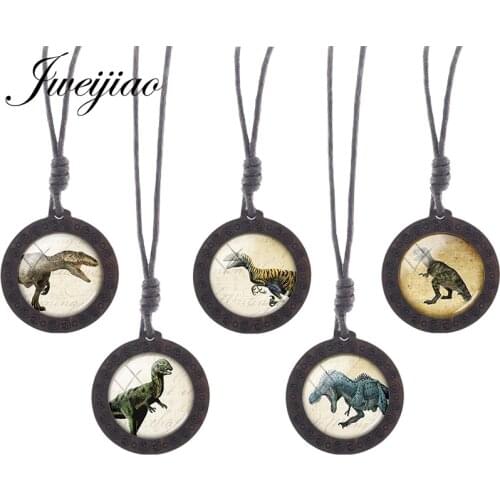 JWEIJIAO Dinosaur Tyrannosaurus Pattern Gothic Necklace Rope Chains Wooden Round Pendant Jewelry Boys Party Accessories NS297 01