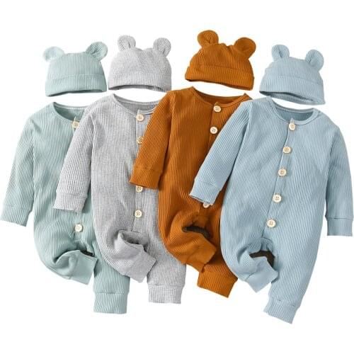 Baby Boy Romper Long Sleeve Knitted Ribbed Baby Clothes Girl Rompers Solid Color Toddler Jumpsuit+Hat Infant Clothing Sets