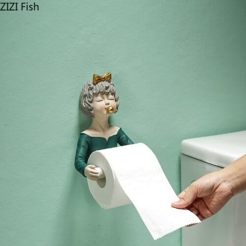 Creative Resin Cute Girl Paper Towel Rack Free Punch Bathroom Toilet Roll Paper Tube Hanger Wall Hanging Paper Towel Rack Modern