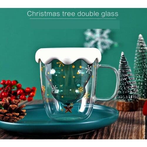 2PCS Double-layer Glass Mug 300ml Christmas Tree Cup Snowflake Double Wall Handmade Milk Coffee Wine Drinkware Decoration
