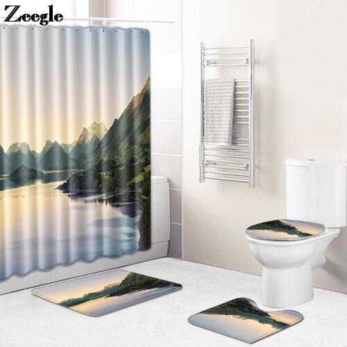 Landscape Print Bath Mat Waterproof Shower Curtain Set Bathroom Decor Toilet Mat U-Shaped Toilet Rug and Anti-slip Floor Carpet