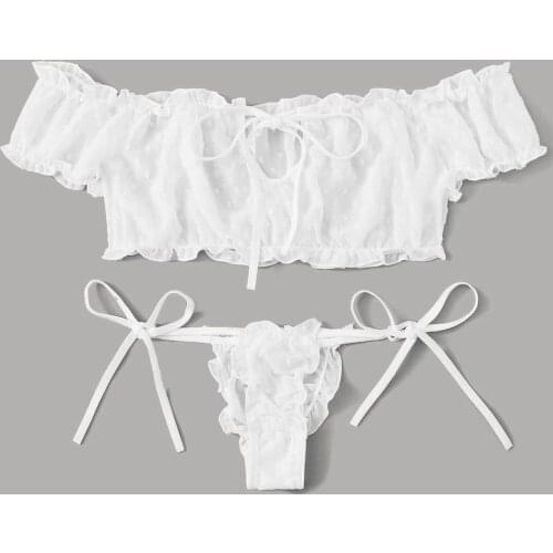 Cute Women Soild Lingerie Set Embroidery Fashion Lace Bowknot Off-shouder Lingerie Set Sleepwear Pajamas Thongs Sets Nightwear