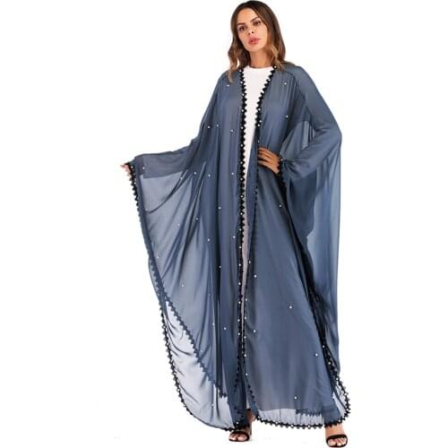 Muslim Lace Mesh Pearls Abaya Islamic Turkish Dress Maxi Dress Cardigan Tunic Long Robe Gowns Kimono Ramadan Worship Service