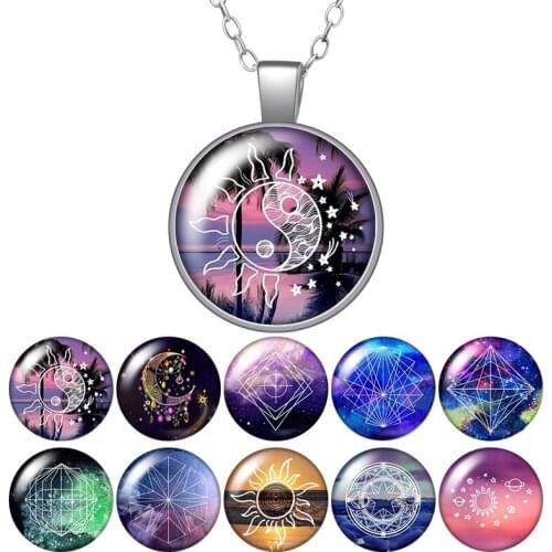 Sun Stars universe out space Round Pendant Necklace 25mm Glass Cabochon Women Girl Jewelry Party Birthday Gift 50cm