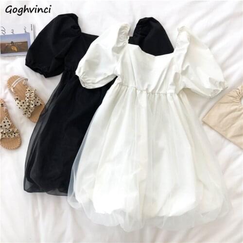 Short Sleeve Dress Women Puff Sleeve Square Collar Gown Leisure Womens Elegant French Sweet Fashion Korean Style Vestidoes Retro