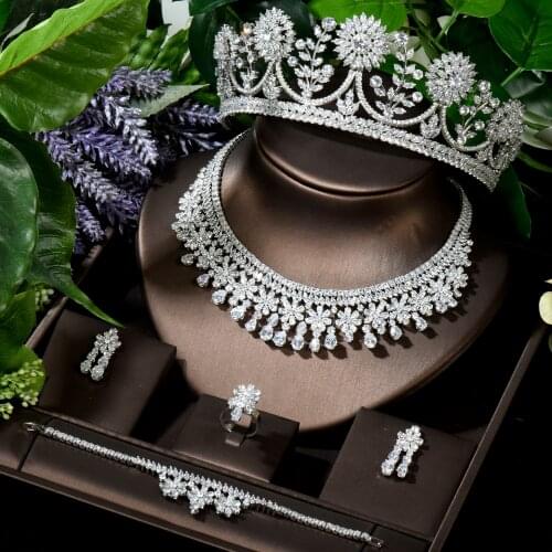 HIBRIDE Luxury Dubai Jewelry Sets Full CZ Bridal Hair Tiaras Necklace Earring Sets Ladies Wedding Sets pulseras mujer N-1622