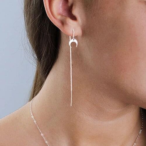 Crescent Moon Threader Earrings, Long Chain Earring, Pull Through Earring, Evening Earrings, Statement Pearl Jewelry Gift