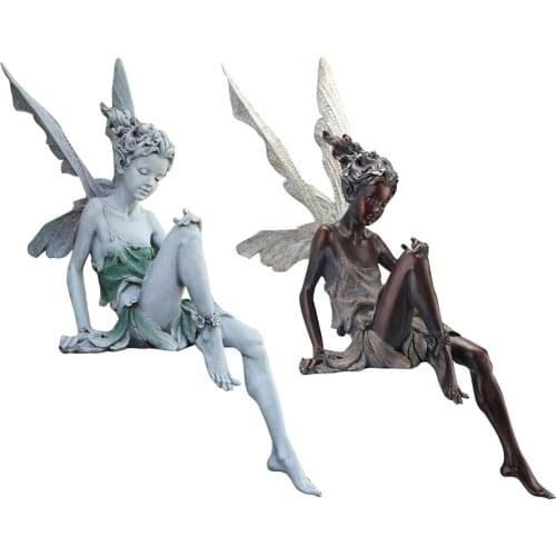 Resin Sitting Garden Statue Lifelike Fairy with Wing Sculpture Decoration Charming Outdoor Fairy Tale Angel Outdoor Ornament