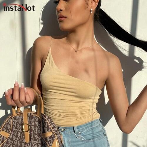 InstaHot One Shoulder Camis Women Summer 2021 Sexy Crop Top Solid Spaghetti Strap Streetwear Vest Slim Vintage Camisole Female