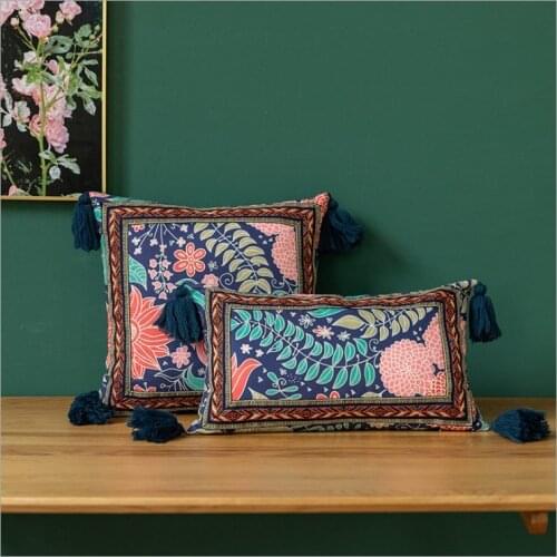Vintage Ethnic Flower Tassels Cushion Cover with Ribbon Decoration Boho Style Navy Red Pillow Cover 43x43cm/30x50cm Sofa Pillow