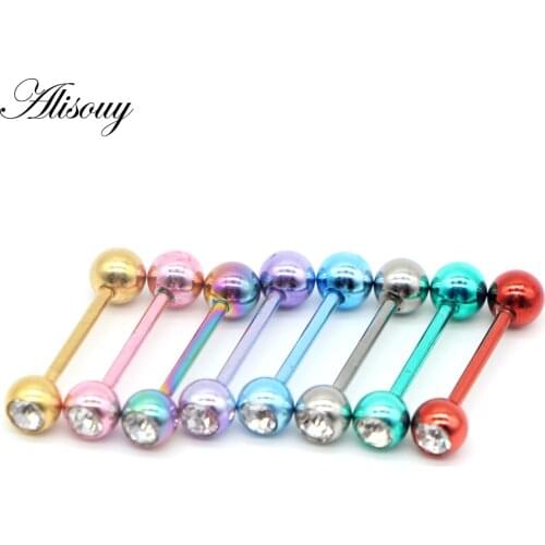 Alisouy 1pc 14G Straight rod ear plug 16mm length surgical Stainless Steel ear plug round ball with crystal Body septum Jewelry