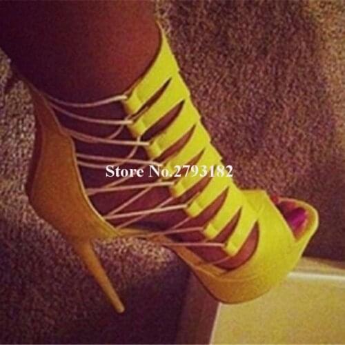 Women Sexy Fashion Open Toe High Platform Straps Cross Stiletto Heel Gladiator Sandals Yellow Black Leather High Heel Sandals