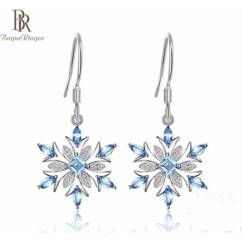 Bague Ringen Silver 925 Earrings for Women Charms Female Fine Jewelry Aquamarine Snowflake Ear drops Blue Gemstones Party Gifts