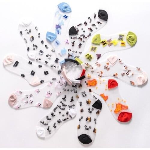Women Crystal Silk Socks Flowers Cat Butterfly Animal Thin Fashion Fishnet Mesh Tulle Ankle Transparent Mesh Retro Cute Summer
