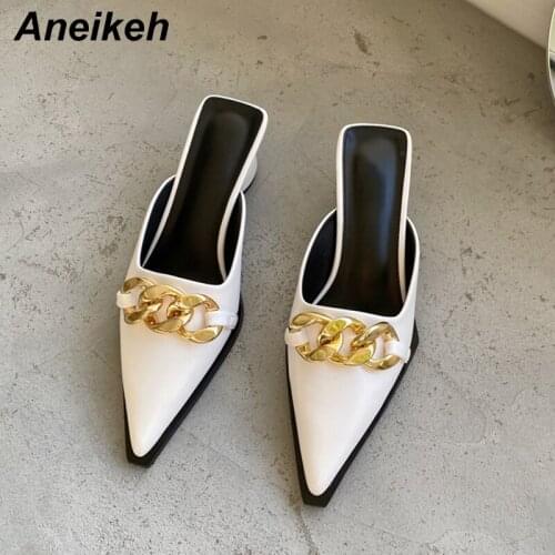 Aneikeh Summer 2021 Women Shoes Shallow Sewing Leisure Solid Stiletto Heels Slippers Pointed Toe PU Outside Black Size 35-39