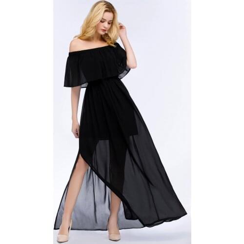 In Stock Black Ruffle Split Chiffon Evening Dress Off Shoulder Long Party Dress Boat Neck A Line Formal Dress vestidos novia