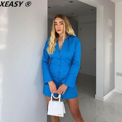 XEASY 2021 Women Fashion Blue Shirt Dress Vintage V Neck Single Breasted Chic Female Slim Elegant Mini Dressed