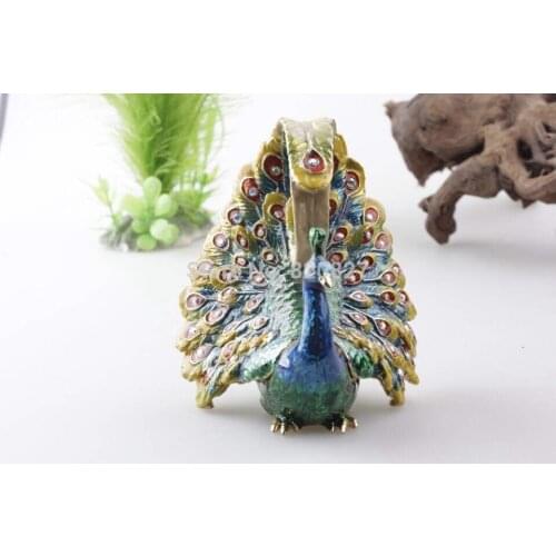 100% Handmade Enamel Peacock Trinket Boxes Decorations Metal Peacock Display Crafts