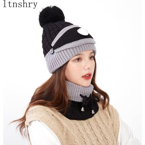 2020 Brand Anti-fog Hats Women Winter Beanies Bib Mask Skullies Beanie Hat Dustproof Hats Female Warm knitted Wool Cap Set 3