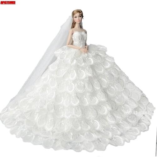 White Lace Feather Fashion Doll Dress For Barbie Doll Outfits Evening Party Gown Long Dresses Dolls Clothes Accessories 1/6 Toys