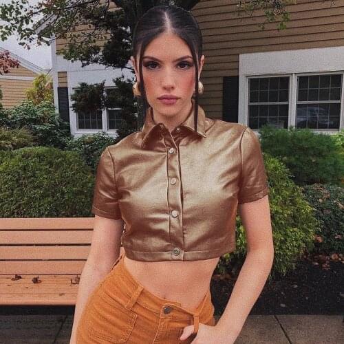 Black PU Blouse Solid Summer Button Crop Top Sexy Club Fitness Sweat Shirt Casual Biker Streetwear For Women Outfits Clothing