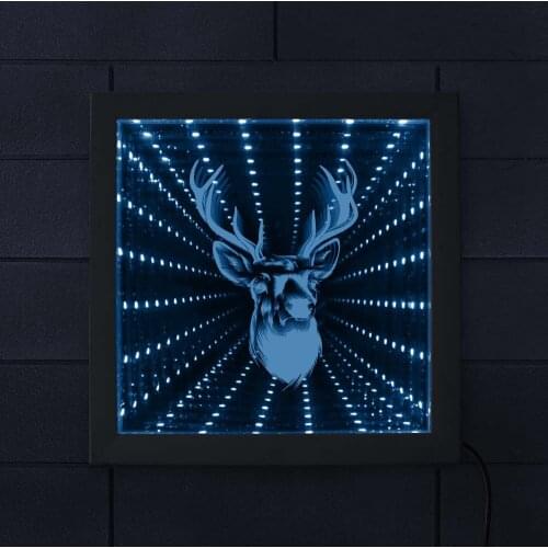 Deer Head Deer Antler Infinity Mirror Wood Frame Woodland Deer Buck Wildlife LED 3D Optical illusion Never ending Tunnel Light