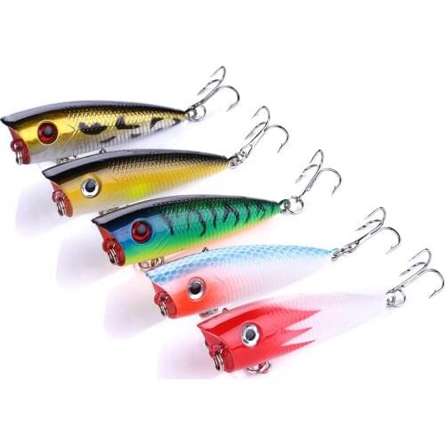 Hot Sale 5pcs Hard Poper Fishing Lures 6cm/6.3g Topwater Fishing Bait 6# Treble Hooks Fishing Tackle