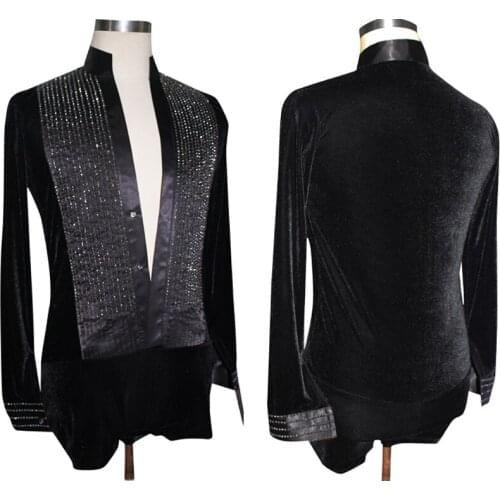 Latin Dance Shirts Male Shiny Rhinestone Velvet V-Neck Jumpsuit Men Tango Salsa Chacha Competition Clothes Show Wear DNV12058