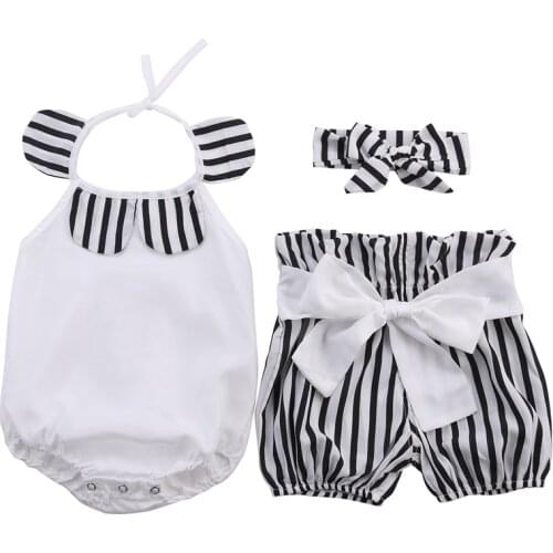 Lioraitiin 0-24M Cute Kids Baby Girl Clothes Striped Romper Tops+Striped Shorts Bottoms Outfits Sunsuit
