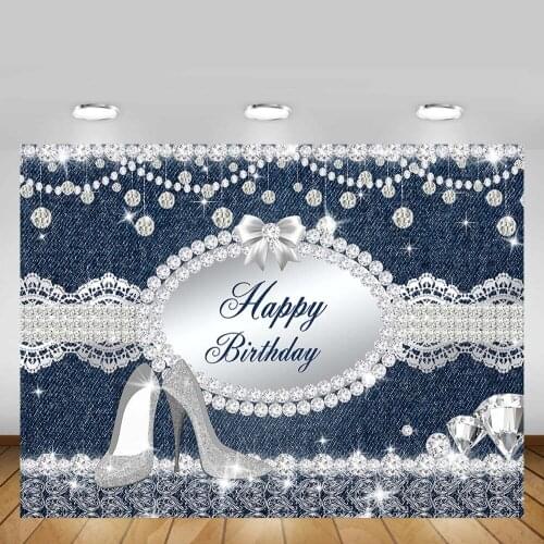 Mehofond Silver High Heels Birthday Backdrop Glitter Diamond Blue Denim Woman Party Background for Photography Photocall Banner