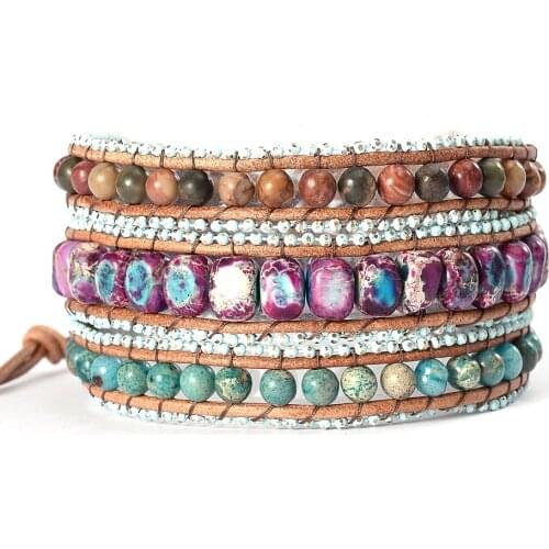 Metal Beaded Chain Triple Strands Stones Wrap Bracelets