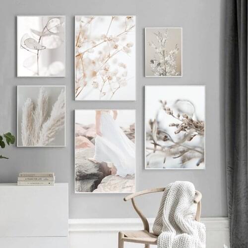 Nordic Minimalist Art Canvas Print Painting White Feather Wall Poster Dried Flowers Photography Picture Modern Home Decor TB117