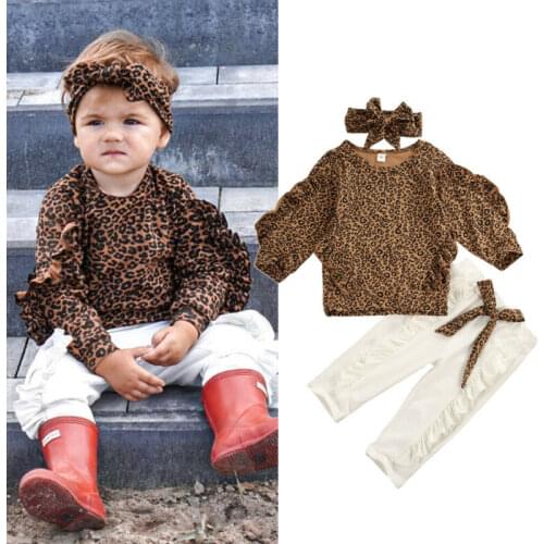 Fashion Kids Baby Girl Clothes Sets Ruffles Leopard Sweatshirts White Pants Headband 3Pcs Autumn Girl Tracksuits Outfits 0-5Y