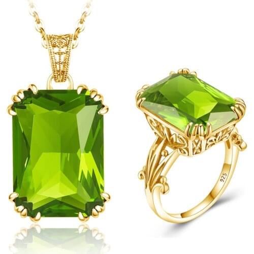 Szjinao Genuine 925 Silver Jewelry Set For Women Gold Plated Shiny Green Peridot Pendant Ring Set Luxury Handmade Fine Jewelry