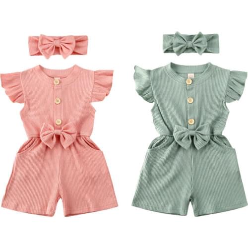 2PCS Kid Baby Girl Clothes Fly-Sleeve Knitted Romper Jumpsuit Headband Outfit