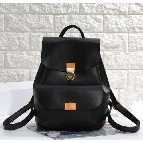 Original Design Natural Genuine Leather Backpack Women Bag Vintage Large Capacity Travel Bag Solid Color Hasp Daily Schoolbag