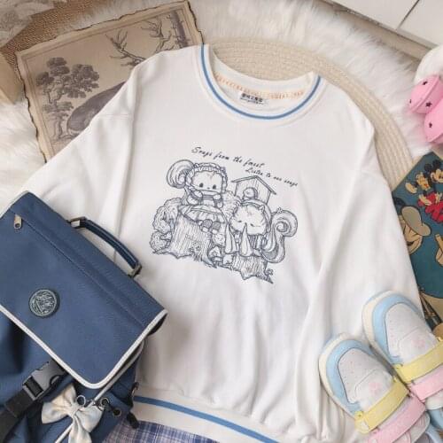 Autumn New Japanese Girl Pullover Hoodies Soft Sister Cute Animal Forest Print Loose O-neck Long Sleeve Sweatshirt Women